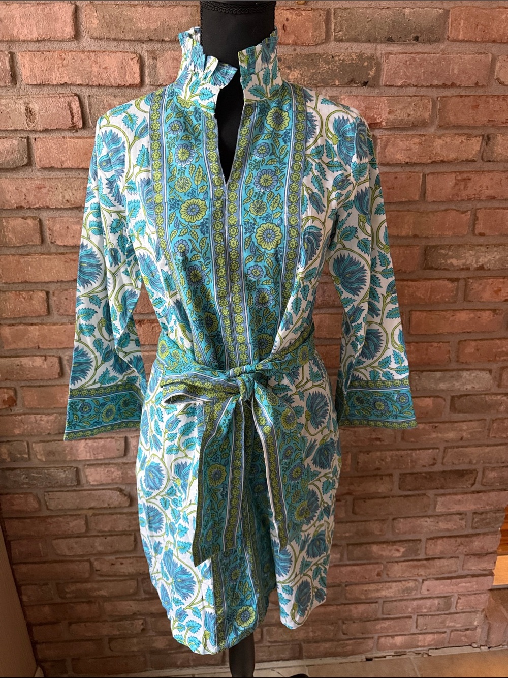 Victoria Dunn Teal, Blue and White Floral Belted Dress
